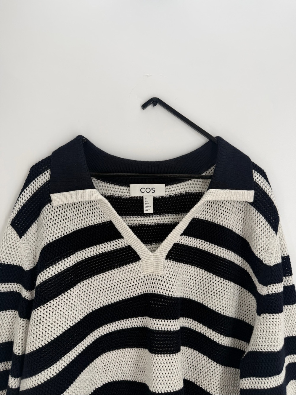 Cos Open Knit Polo Crochet White Black Striped Wool Blend V Neck Collared Shirt
